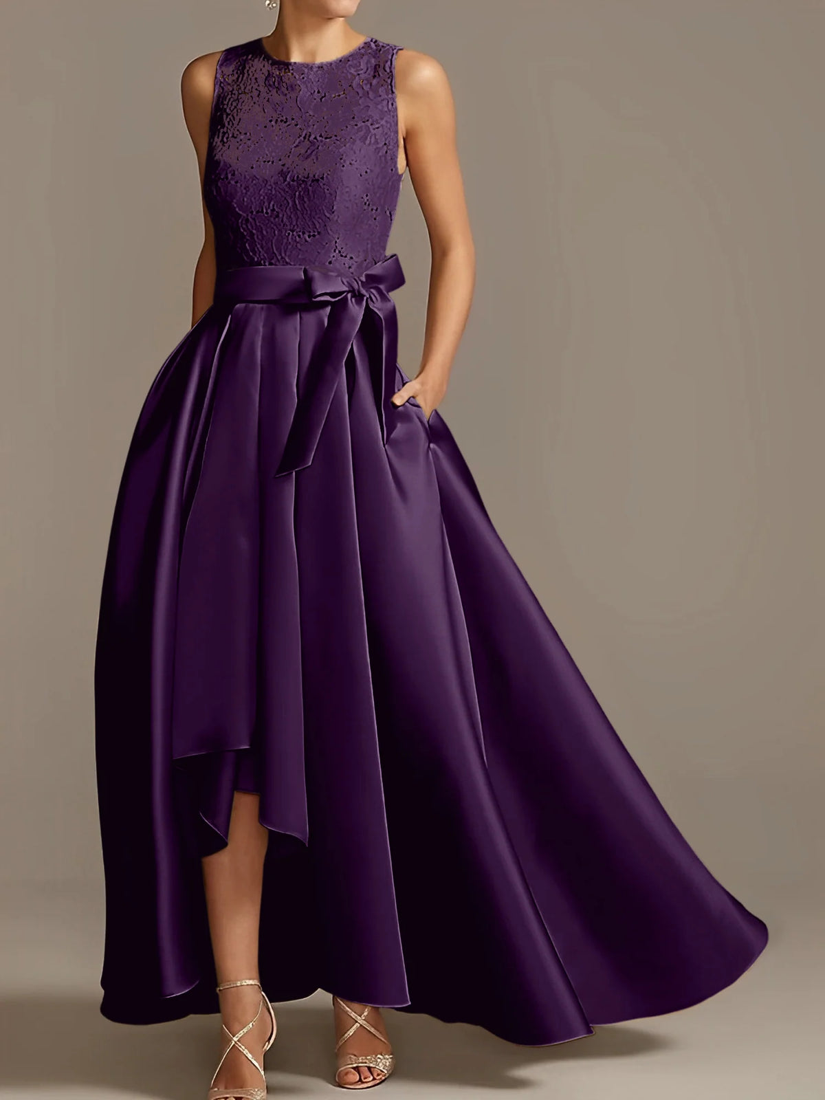 Vestido de madre de la novia de encaje plisado sin mangas con cuello princesa/línea A