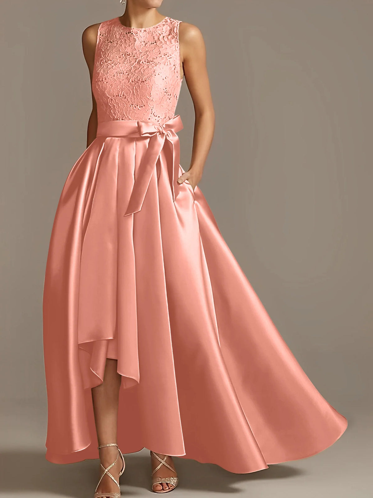 Vestido de madre de la novia de encaje plisado sin mangas con cuello princesa/línea A