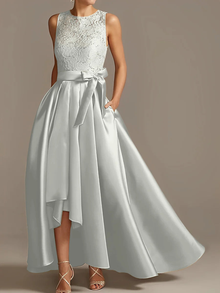 Vestido de madre de la novia de encaje plisado sin mangas con cuello princesa/línea A