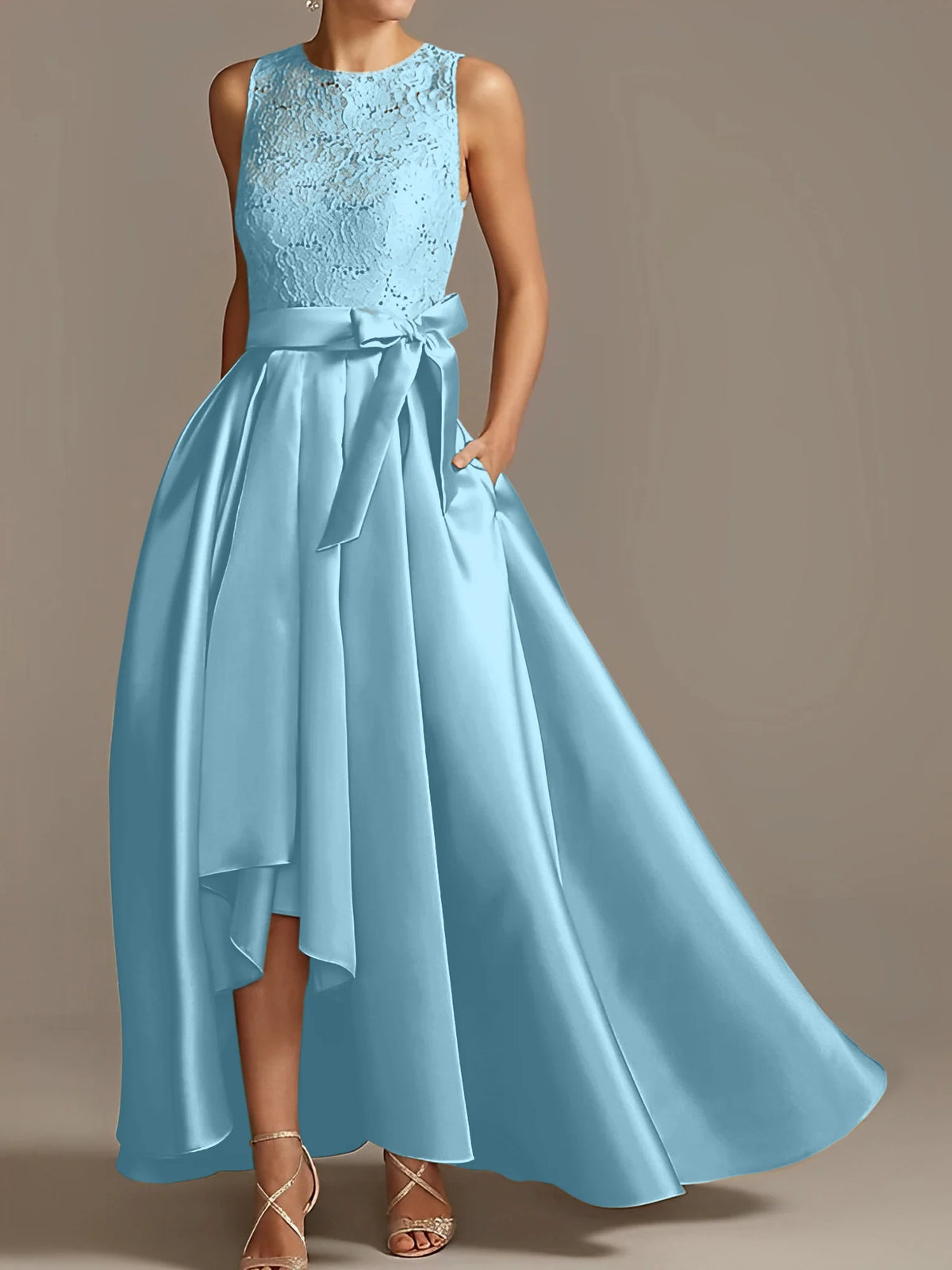 Vestido de madre de la novia de encaje plisado sin mangas con cuello princesa/línea A
