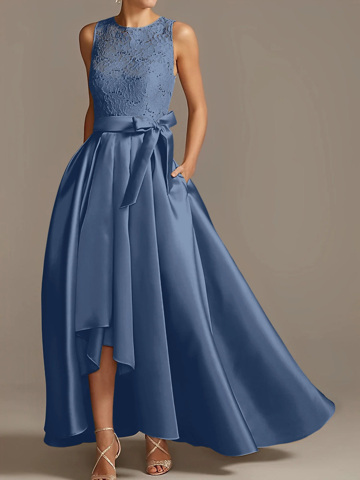 Vestido de madre de la novia de encaje plisado sin mangas con cuello princesa/línea A