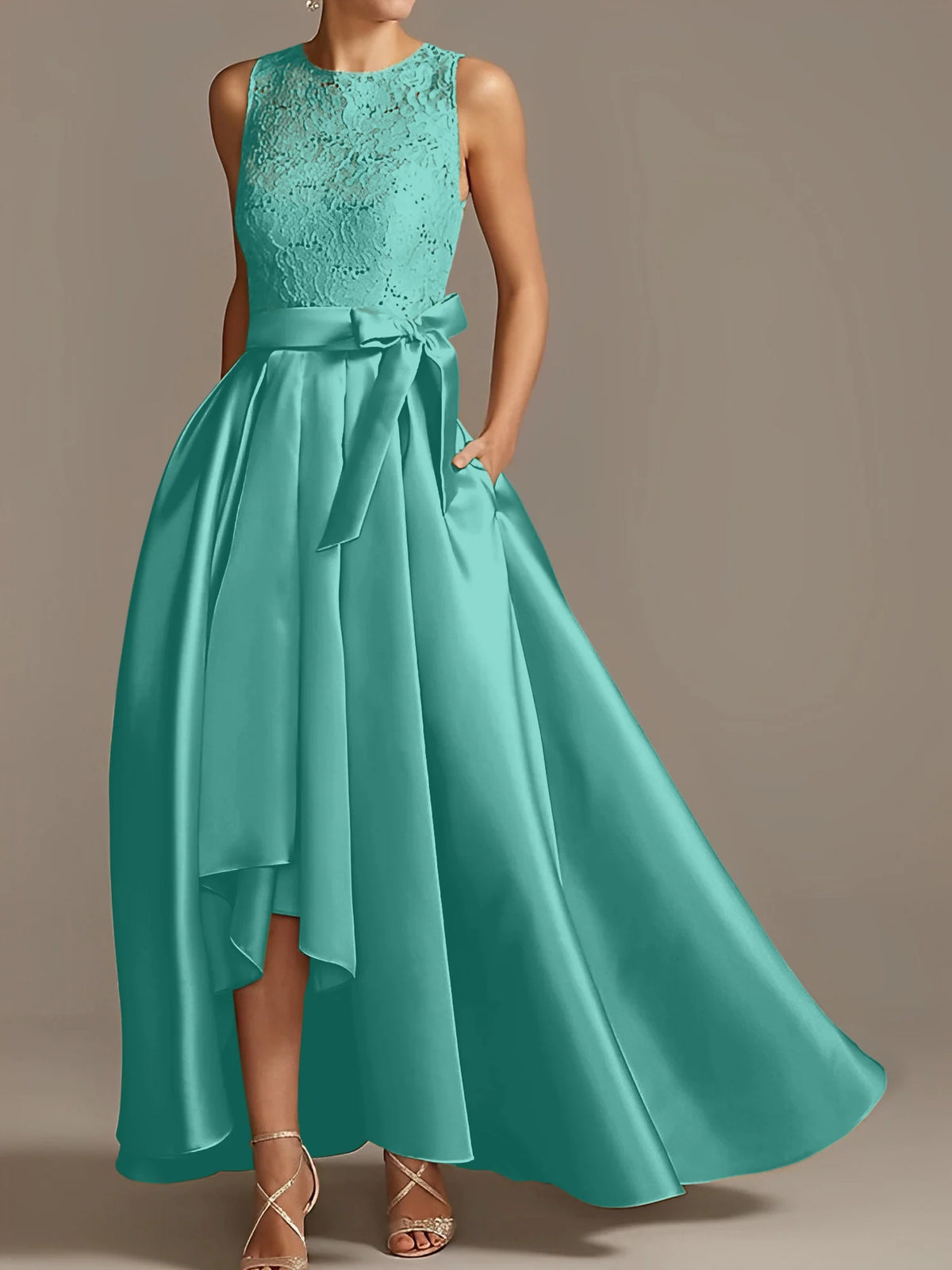 Vestido de madre de la novia de encaje plisado sin mangas con cuello princesa/línea A