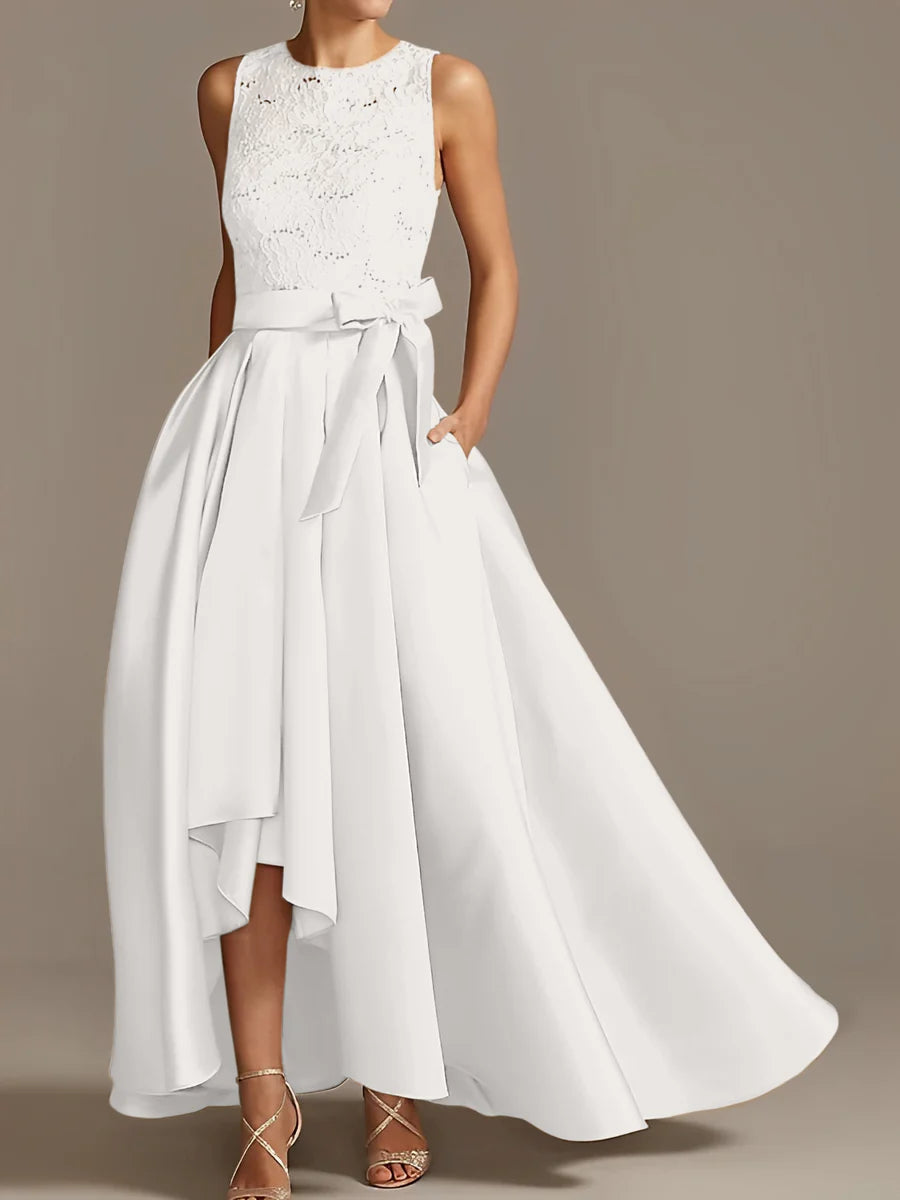 Vestido de madre de la novia de encaje plisado sin mangas con cuello princesa/línea A