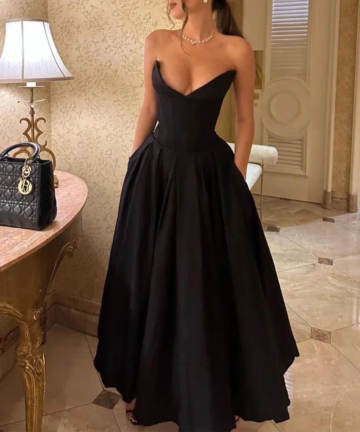Vestido de princesa negro liso sin tirantes, vestido de fiesta largo
