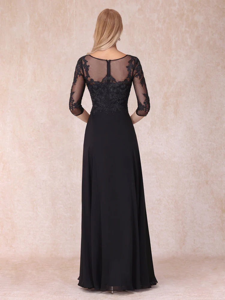 Black V-Neck Chiffon A-Line Floor-Length Evening Dress with Lace Bodice and Sleeves