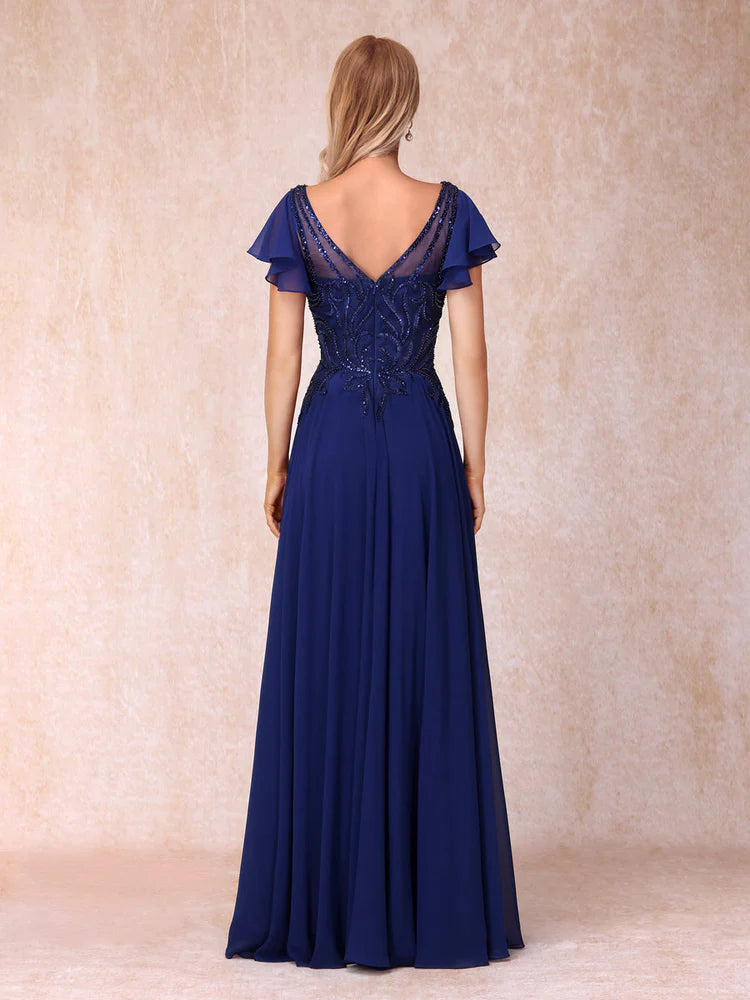 Dark Navy Beaded V-Neck A-Line Chiffon Floor-Length Gown