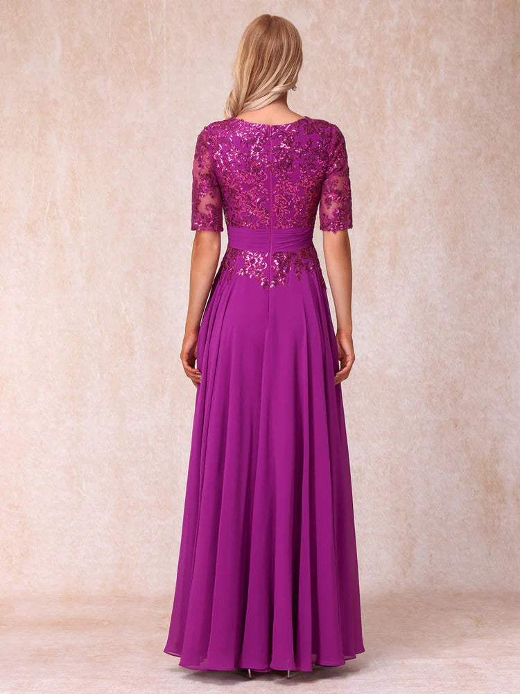 Purple Sequin V-Neck A-Line Chiffon Floor-Length Gown for Prom & Formal Events