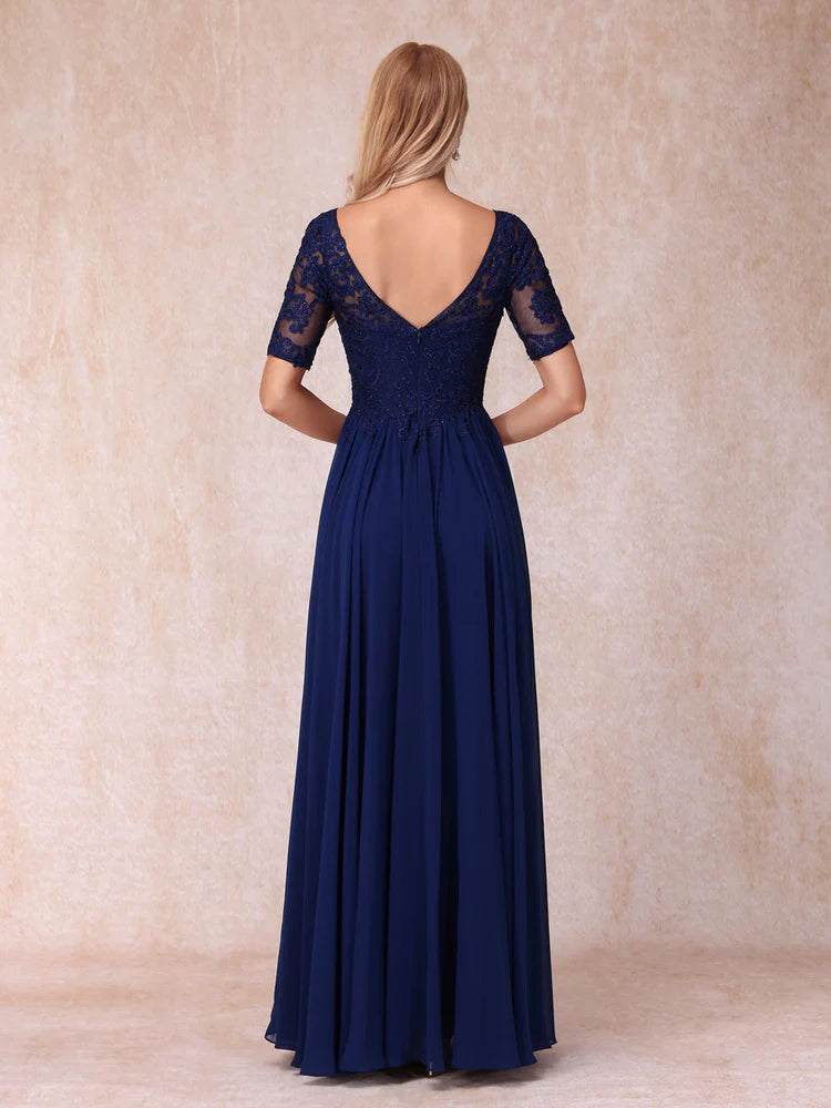 Dark Navy V-Neck Lace Chiffon A-Line Floor-Length Evening Dress