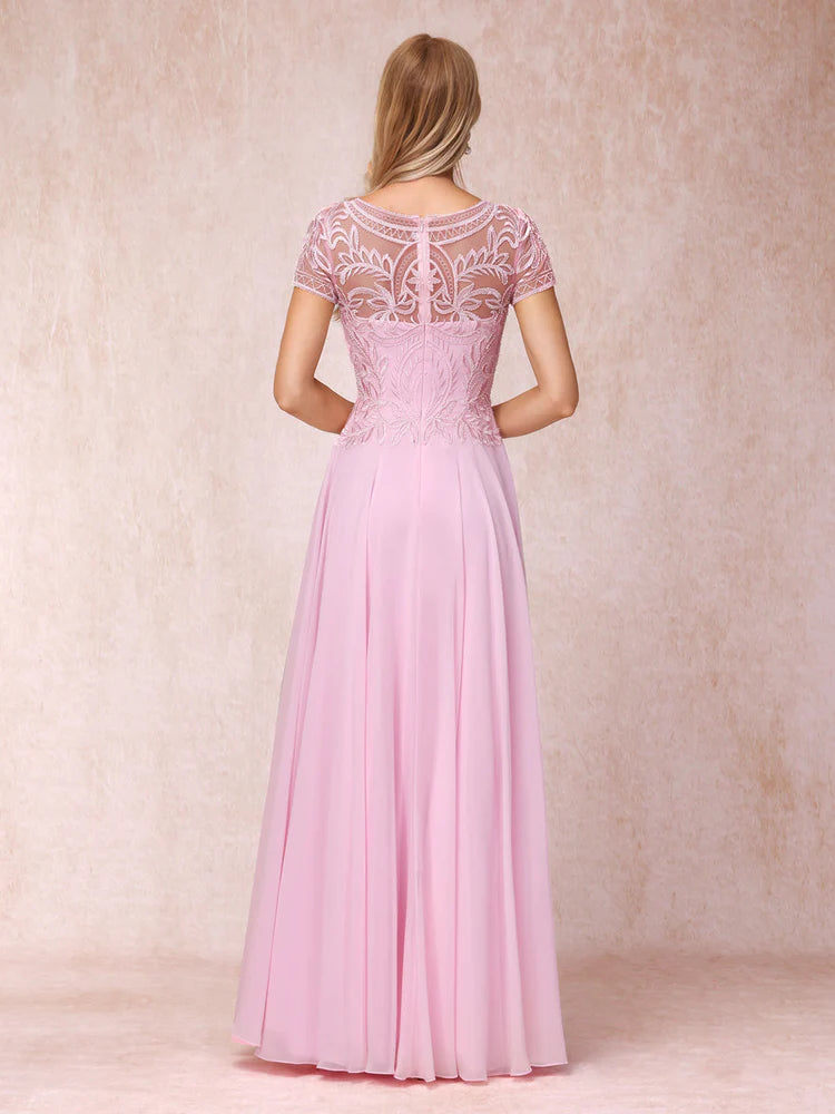 Pink Chiffon A-Line Bridesmaid Dress with Illusion Lace Bodice