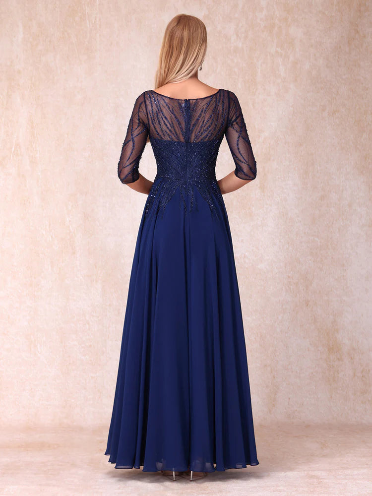 Navy Blue Beaded V-Neck Chiffon A-Line Floor-Length Evening Dress
