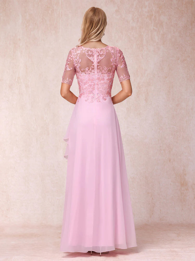 Pink Lace & Chiffon A-Line V-Neck Floor-Length Evening Dress
