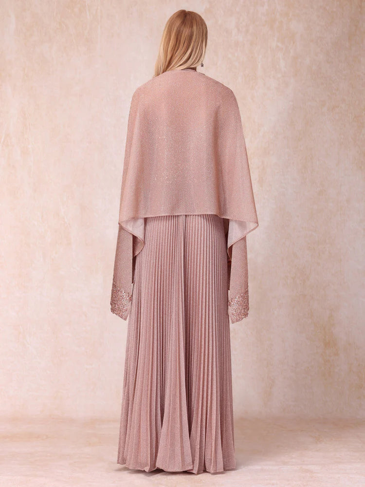 Blushing Pink Glitter A-Line Floor-Length Evening Gown | Sequined Bodice & Plunging V-Neck