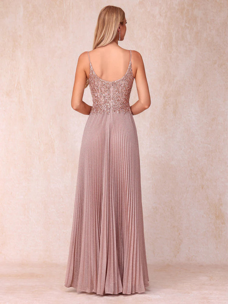Blushing Pink Glitter A-Line Floor-Length Evening Gown | Sequined Bodice & Plunging V-Neck