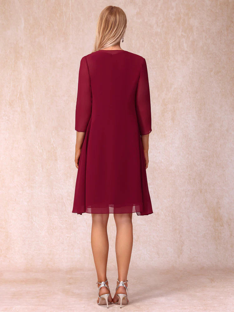 Burgundy Chiffon A-Line Knee-Length Evening Dress with Boat Neck & Matching Jacket