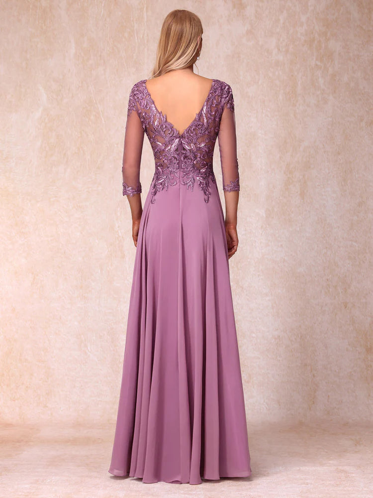 Mauve Chiffon A-Line Floor-Length Dress with Lace Applique Bodice and Illusion Sleeves