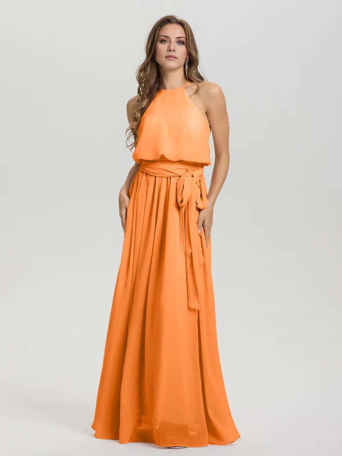 Vestidos de dama de honor de gasa sin mangas, con cuello redondo bajo y largo hasta el suelo