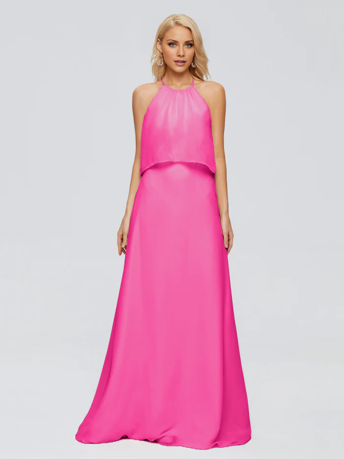 Vestido de dama de honor largo hasta el suelo en gasa con escote halter