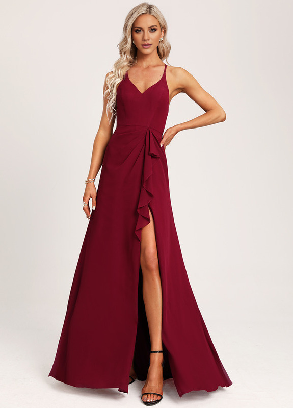 A-line V-neck and ground chiffon bridesmaid dress