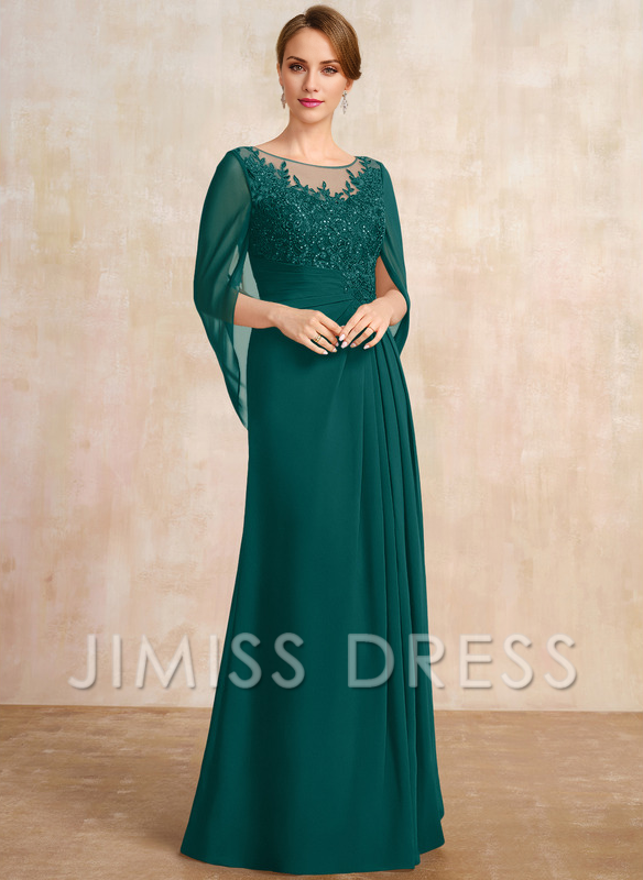 Dark Navy Chiffon A-Line Floor-Length Dress with Illusion Neck & Cape Sleeves