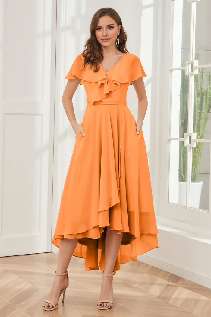 V-neck high-low short sleeved tea long bridesmaid dress