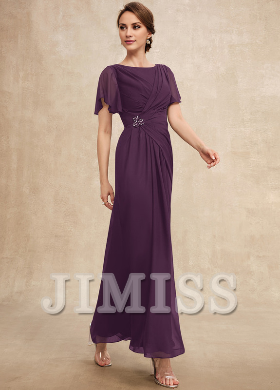 Vestido de gasa para madre de la novia, de corte A, plisado, con cuentas y escote pronunciado hasta los tobillos