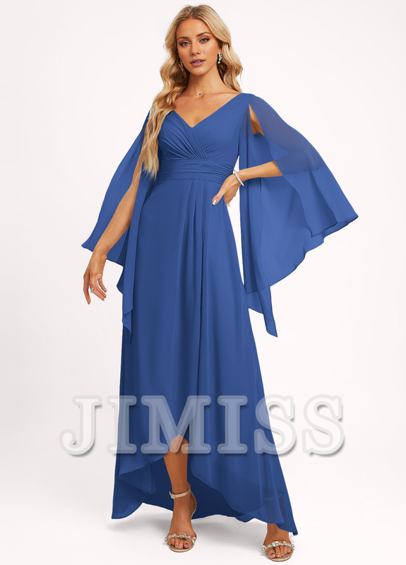 Vestido de dama de honor asimétrico de gasa con escote en V y volantes en forma de A