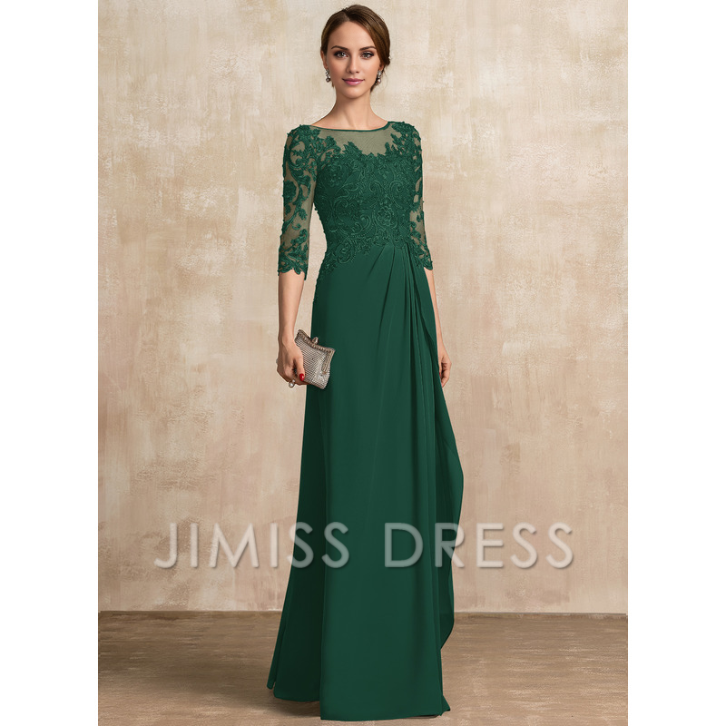 Jimiss A-shaped Scoop Illusion floor mopping chiffon lace ribbon bead sequins layered ruffles mother of the bride dress