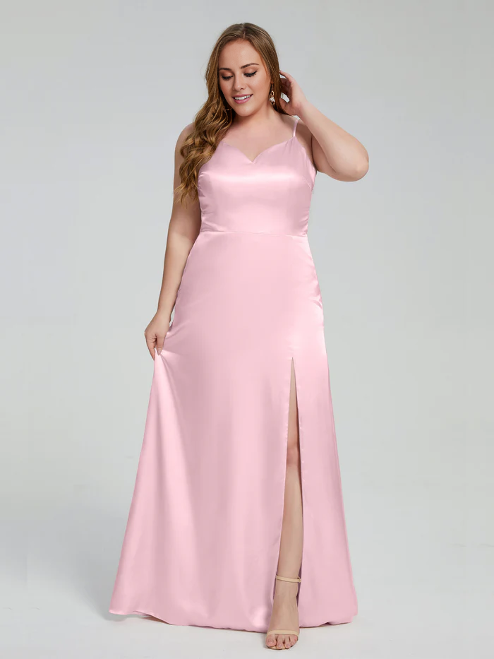 Champagne Satin A-Line Floor-Length Bridesmaid Dress with Sweetheart Neckline and High Slit