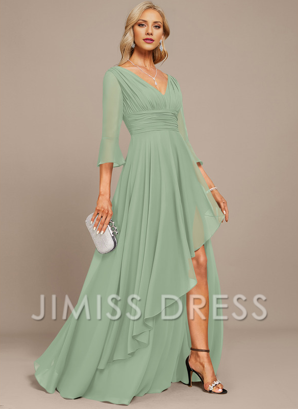 Stormy Chiffon A-Line Asymmetrical Bridesmaid Dress with V-Neck and Pleated Bodice