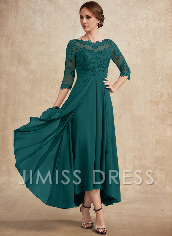 Slate Blue Chiffon A-Line Asymmetrical Evening Dress with Lace Bodice and Boat Neck