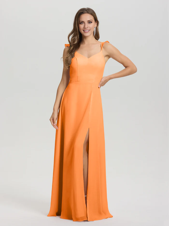 Vestido de dama de honor largo hasta el suelo con abertura en gasa con escote en V y tirantes anudados