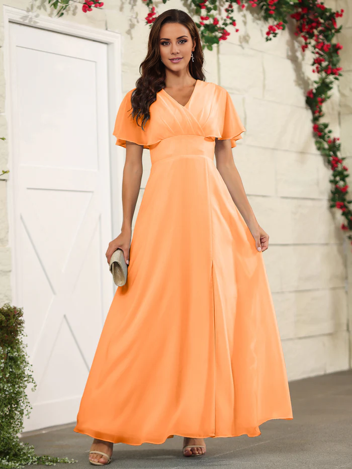 Chiffon short sleeved V-neck slit and floor length bridesmaid dress