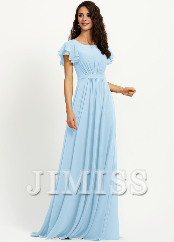 Vestido de dama de honor de gasa con escote redondo y volantes en forma de A