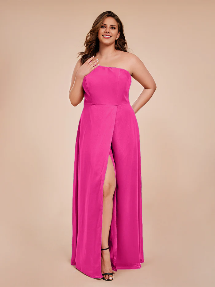 Plus size one shoulder side slit chiffon bridesmaid dress