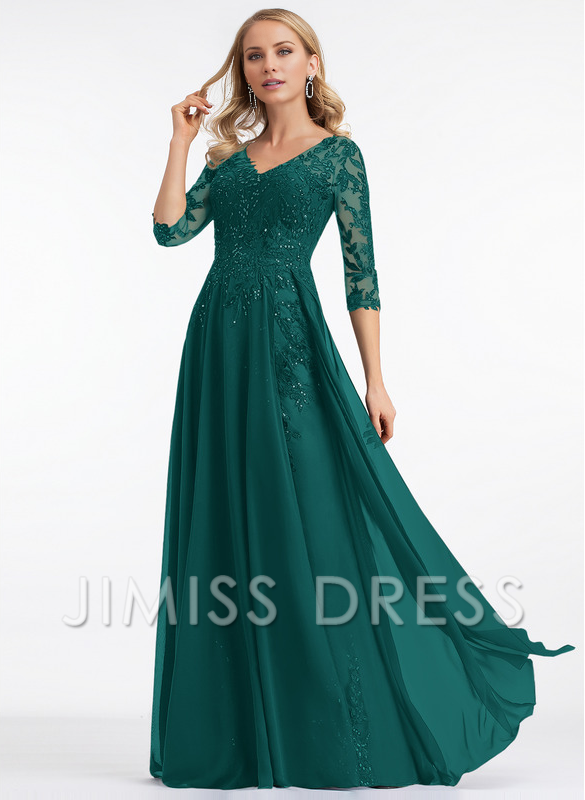 Dark Navy Lace & Chiffon A-Line Floor-Length Evening Dress with V-Neck and Sheer Sequin Sleeves