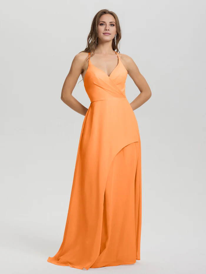 Shoulder strap V-neck backless long chiffon formal and floor length Bridesmaid dresses