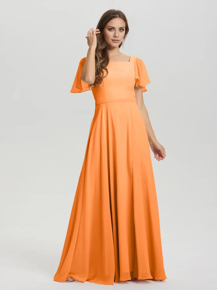 Vestido de dama de honor de gasa con cuello cuadrado, corte A, mangas cortas con volantes y largo hasta el suelo