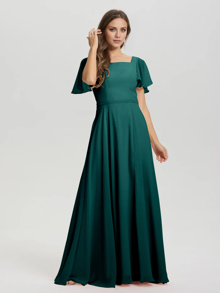 Vestido de dama de honor de gasa con cuello cuadrado, corte A, mangas cortas con volantes y largo hasta el suelo