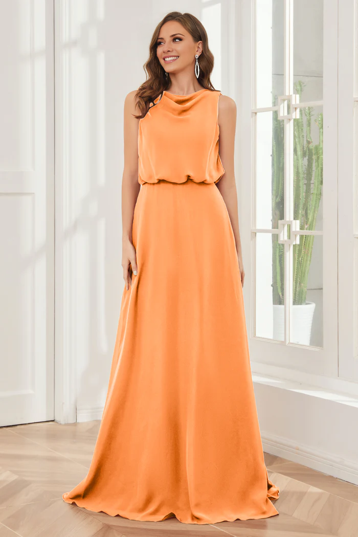 Vestido de dama de honor de gasa sin mangas con cuello de viento estilo pilar y largo hasta el suelo