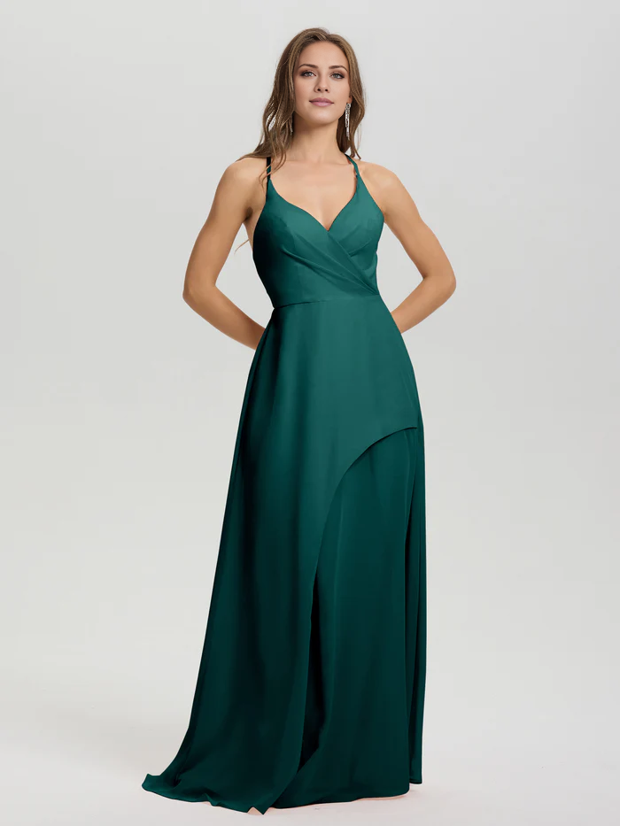 Shoulder strap V-neck backless long chiffon formal and floor length Bridesmaid dresses