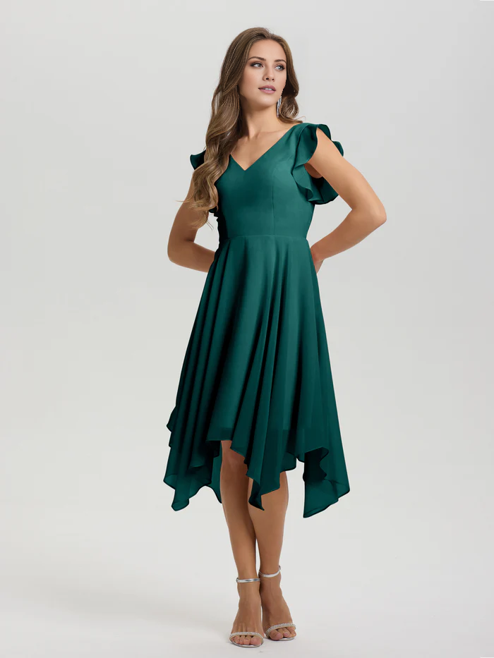 Lotus leaf edge sleeve V-neck asymmetrical tea long chiffon tea long bridesmaid dress