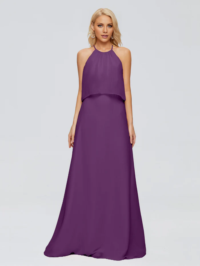 Vestido de dama de honor largo hasta el suelo en gasa con escote halter