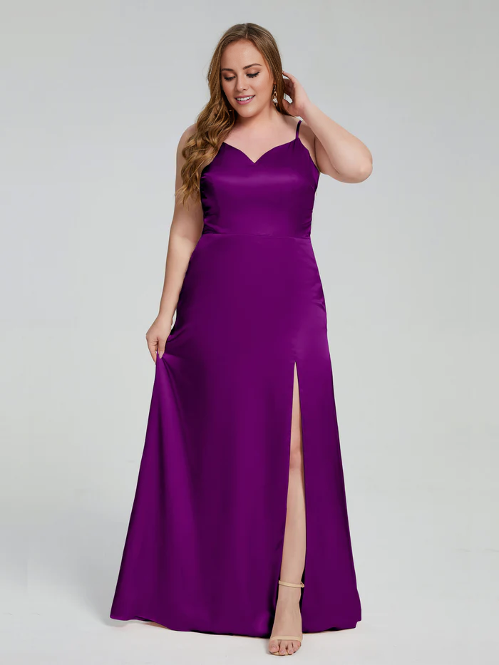 Champagne Satin A-Line Floor-Length Bridesmaid Dress with Sweetheart Neckline and High Slit