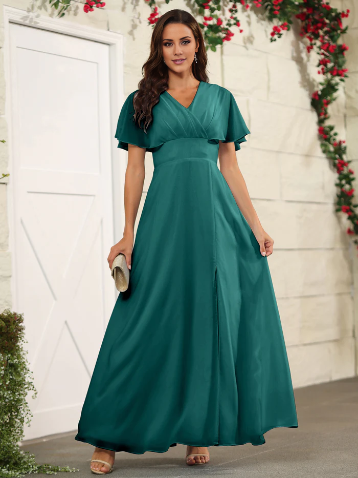 Chiffon short sleeved V-neck slit and floor length bridesmaid dress