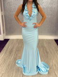 Gorgeous Mermaid Halter Sleeveless Deep V Back Long Prom Dress