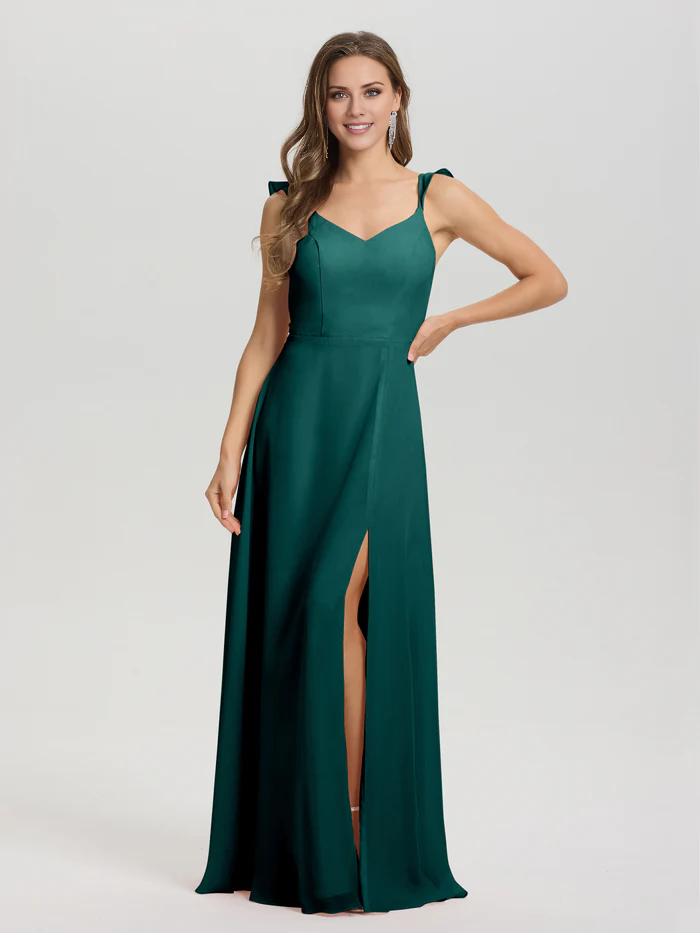 Vestido de dama de honor largo hasta el suelo con abertura en gasa con escote en V y tirantes anudados