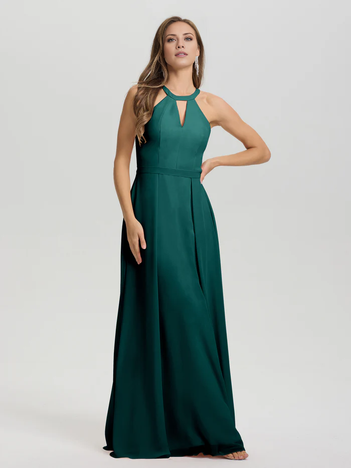 A-line keyhole collar sleeveless chiffon and floor length bridesmaid dress