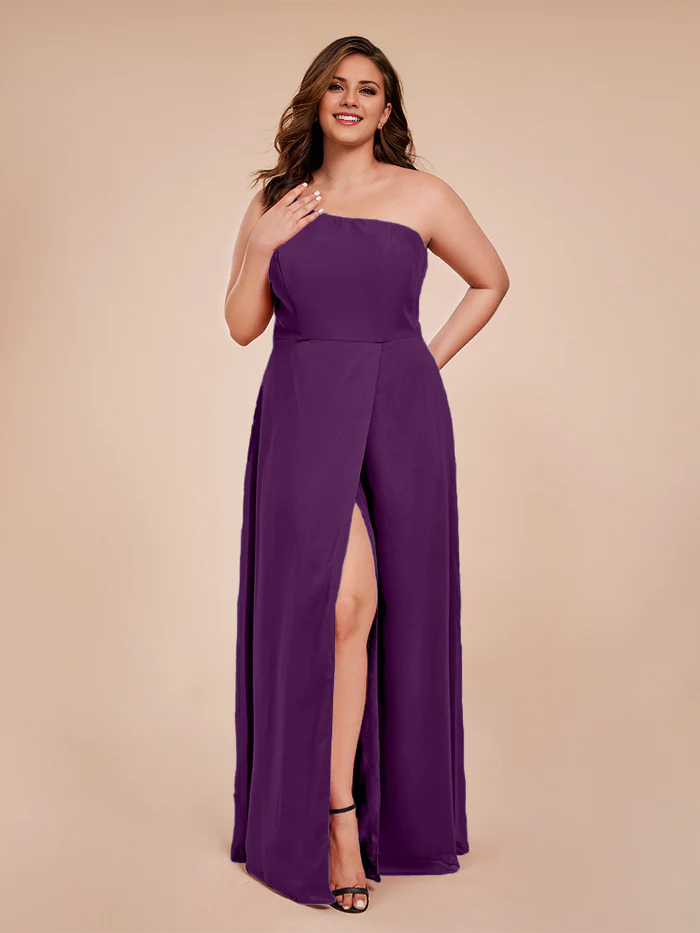 Plus size one shoulder side slit chiffon bridesmaid dress