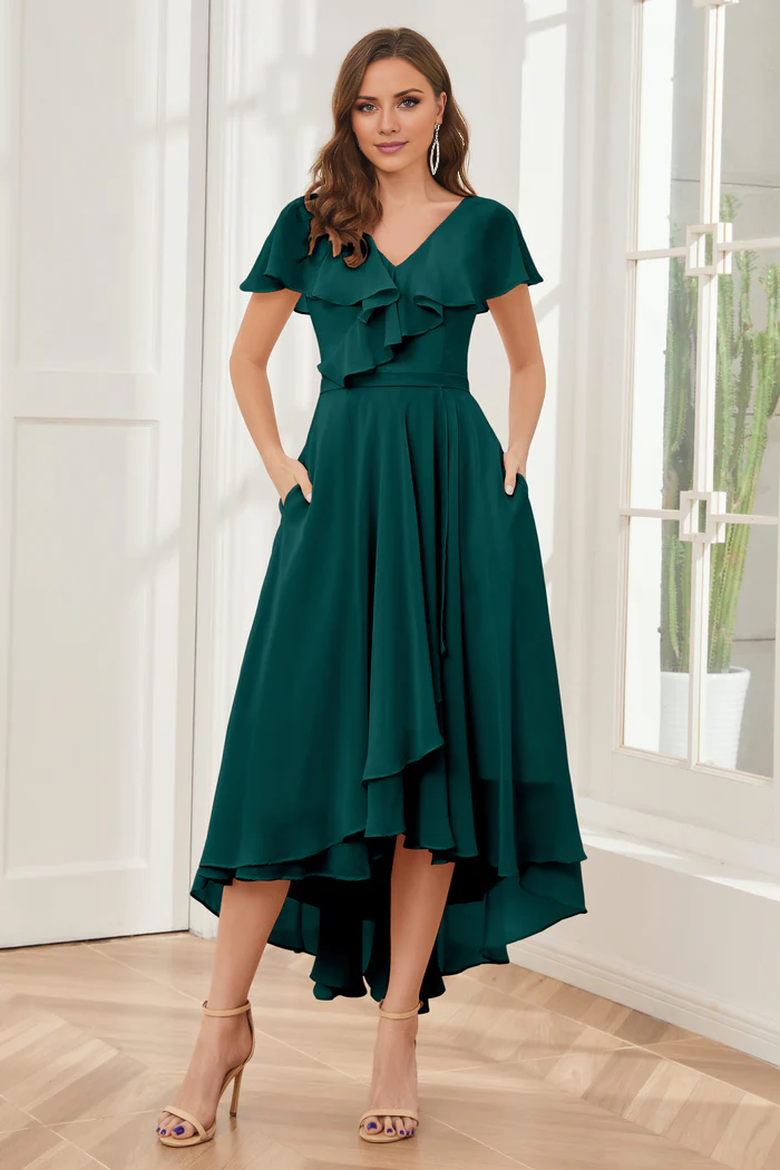 V-neck high-low short sleeved tea long bridesmaid dress