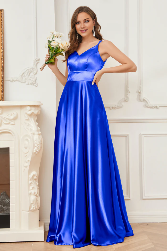 Vestido de dama de honor de satén suave, escote en V y tirantes finos hasta el suelo